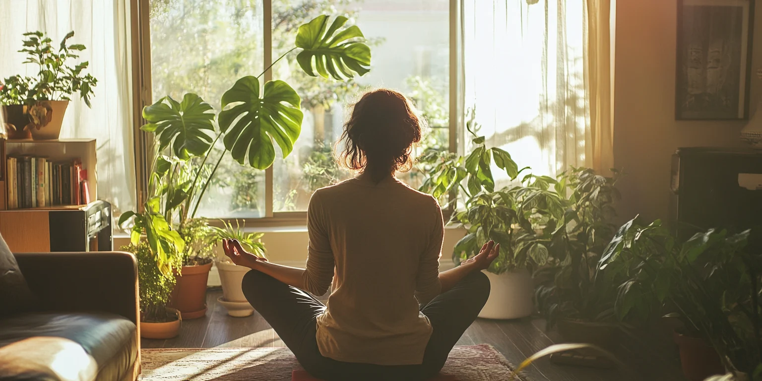 Deze vrouw draagt spiritualiteit hoog in het vaandel en mediteert bij een kopje ontspannende thee.