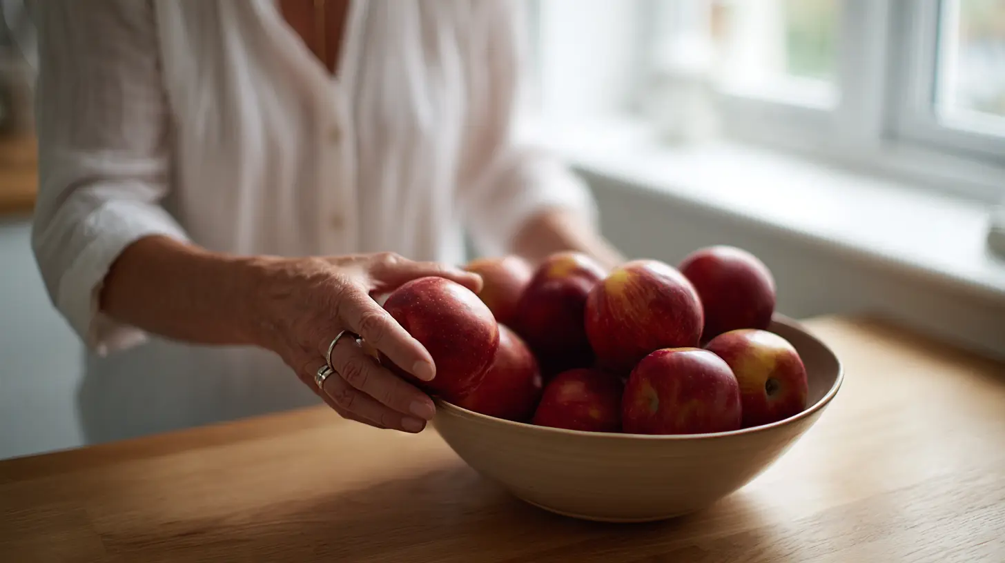 Hand pakt een appel uit een schaal met appels