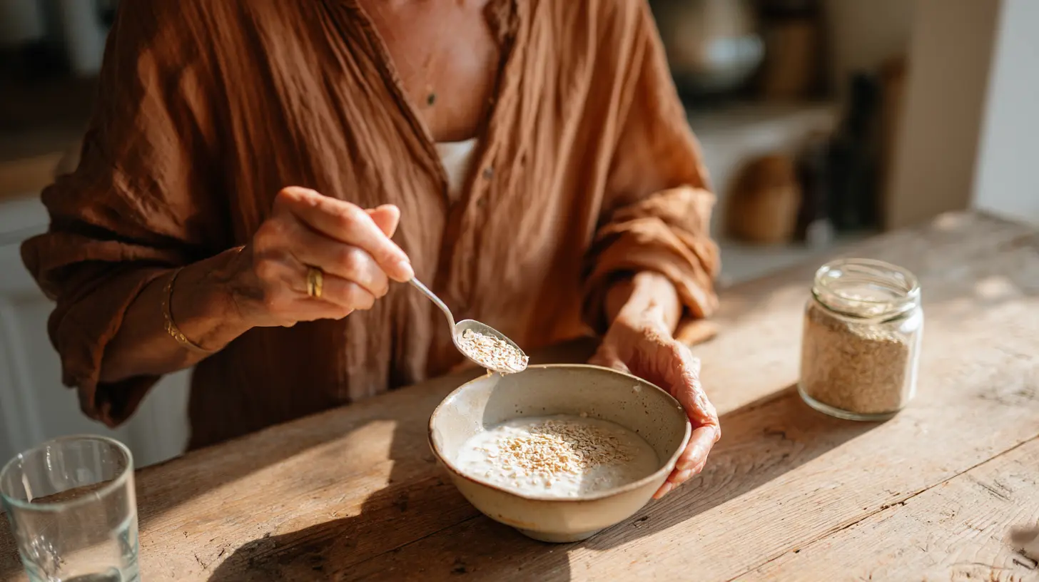 Handen roeren psylliumvezels door een kom yoghurt